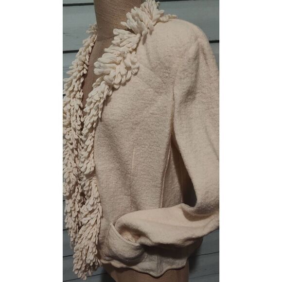 100% Wool Cardigan Sweater Off White Fringed Small Clothes by Revue - Picture 4 of 8